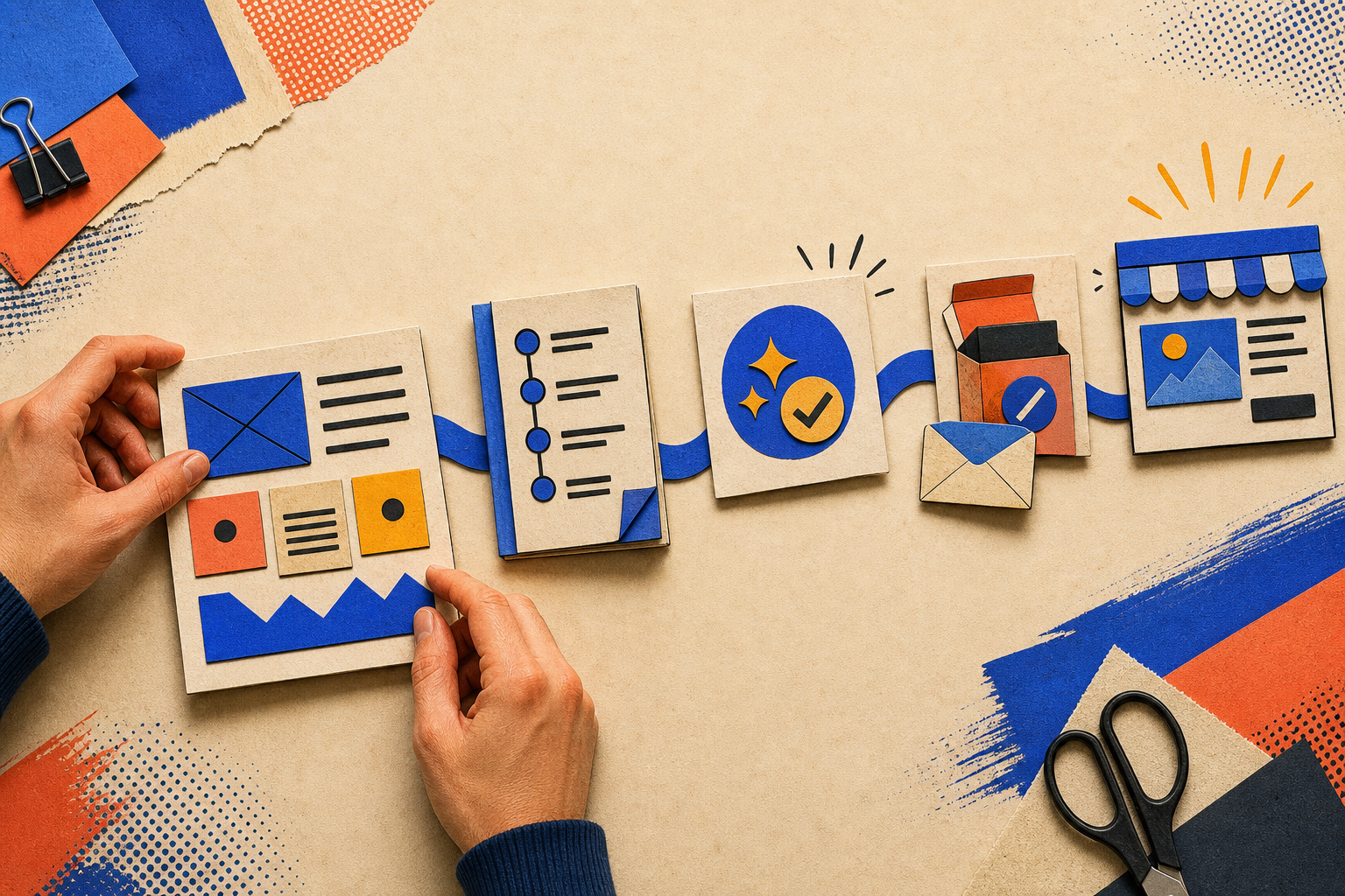 Hands assembling a one-person online business from practical templates, guides, AI workflows, and digital products.
